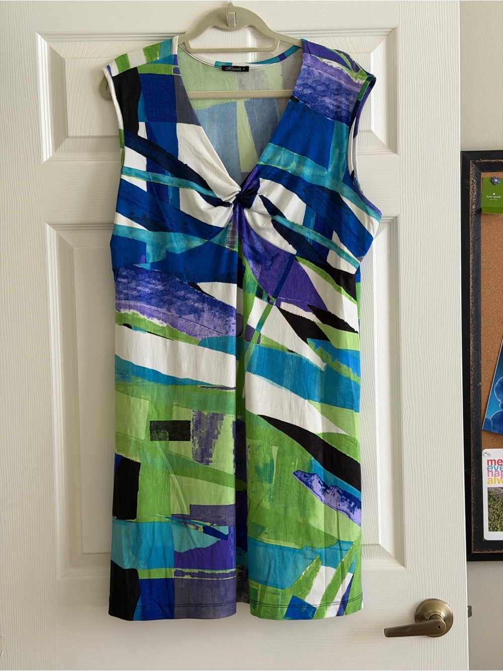 Sleeveless Twist-Front Midi Dress in Blue & Green Abstract Print